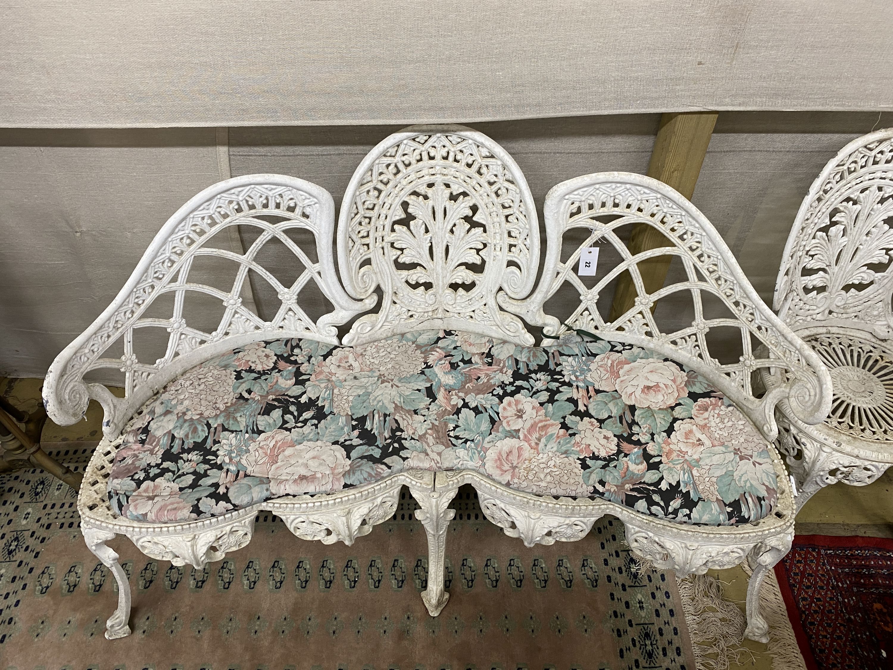 A five piece white painted metal alloy garden suite comprising two benches, length 137cm, pair of - Image 2 of 5