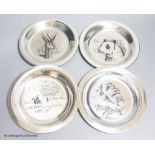 Four modern silver plates, two decorated after Bernard Buffet, dated verso 1973-4,