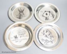 Four modern silver plates, two decorated after Bernard Buffet, dated verso 1973-4,