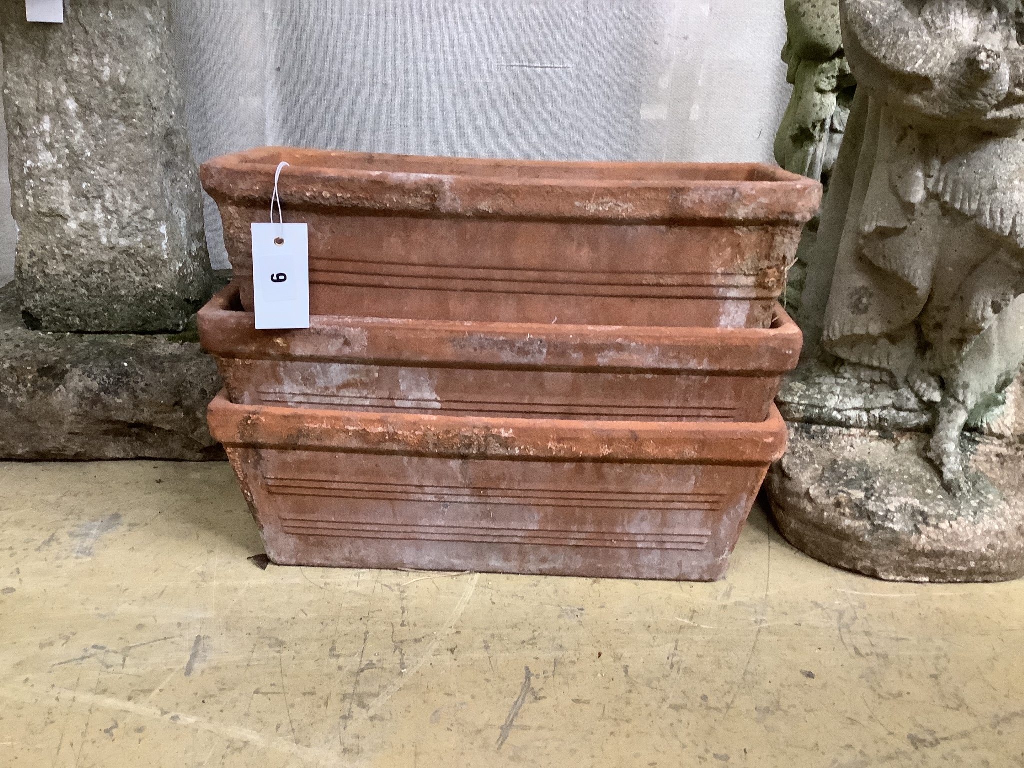 A set of three terracotta garden troughs and four similar troughs, approx. 40cm, wide - Image 2 of 2