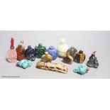 Thirteen mixed Chinese lapis lazuli, turquoise and other carved snuff bottles