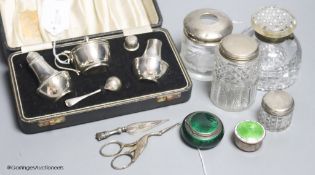 A collection of silver and plated items, including a Norwegian silver and guilloche enamel circular