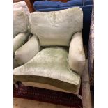 A George Smith Howard style armchair upholstered in pale green velvet, width 80cm, depth 110cm,