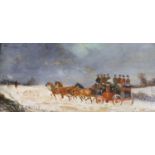 Philip H Rideout (1860-1920), oil on board, Coach in winter, signed, 16 x 33cm