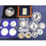 A group of silver proof coins, to include a JVP boxed orthodox shines $2, a Masterpieces of Art