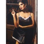 Fabian Perez, hand embellished giclee canvas, At The Door VI, 32/195, with COA, 60 x 45cm.