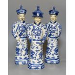 Three Chinese blue and white figures, tallest 45c,