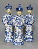 Three Chinese blue and white figures, tallest 45c,