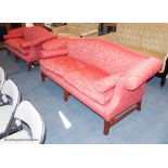 A pair of Hepplewhite style mahogany silk damask camel back sofas, 210 cm wide, with bolster