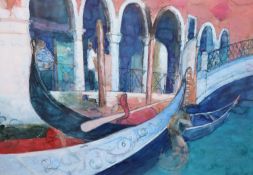 Ann Oram (b.1956), mixed media on paper, Venetian Gondoliers, signed and dated '99, The Scottish