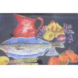 Hillary Rosen, watercolour, Fish with red vase, Boundary Gallery label verso dated 1997, 70 x 100cm