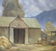 Eric Newton (1901-1970), oil on canvas, Hill Farm, signed with label verso, 30 x 35cm