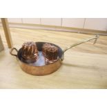 A Victorian Benham & Froude copper jelly mould, 11cm high, two others, 16.5cm high and a copper