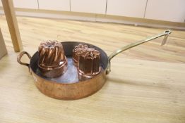 A Victorian Benham & Froude copper jelly mould, 11cm high, two others, 16.5cm high and a copper