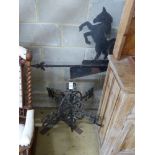 A wrought iron weather vane with rampant horse finial, height 137cm