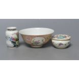 A Chinese bowl, diameter 13cm, a miniature vase and a lidded pot, Qing/Republic period