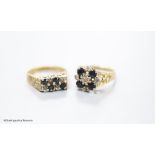 Two modern 9ct gold, sapphire and diamond chip set cluster rings,gross weight 7.7 grams.