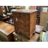 A small reproduction burr elm five drawer chest, width 60cm, depth 37cm, height 72cm