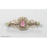 A late Victorian yellow metal, pink spinel? green garnet seed pearl rose cut diamond set bar brooch