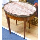 A Louis XVI style oval mahogany occasional table, marble top, 50 cm wide, 37.5 cm deep, 52 cm high