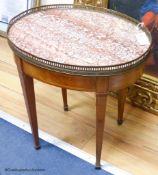A Louis XVI style oval mahogany occasional table, marble top, 50 cm wide, 37.5 cm deep, 52 cm high