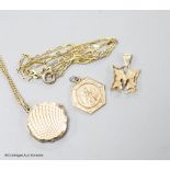 Two modern 9ct gold fine link chains, one with locket and two other 9ct gold pendants,gross weight