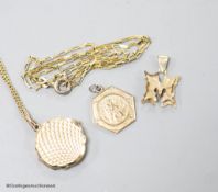 Two modern 9ct gold fine link chains, one with locket and two other 9ct gold pendants,gross weight