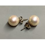 A pair of white metal and cultured pearl stud earrings,diameter 10.2mm.