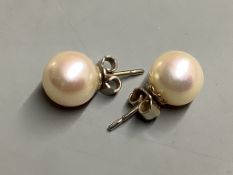 A pair of white metal and cultured pearl stud earrings,diameter 10.2mm.