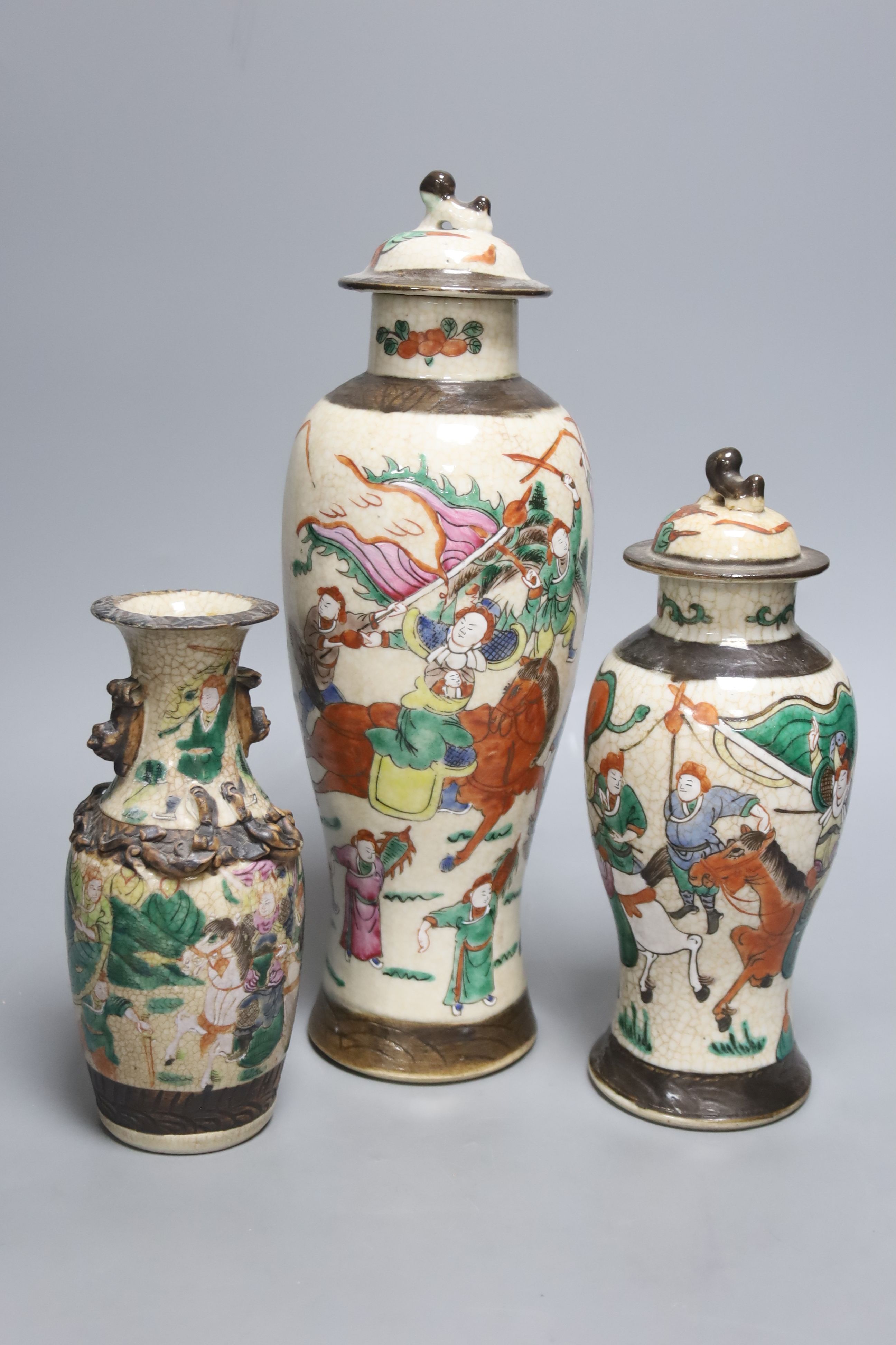 Three early 20th century Chinese crackle glaze vases, two with covers, tallest 33.5cm - Image 2 of 5