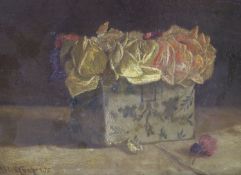 Alick Cooper, oil on canvas, Still life of roses in a flower brick, signed and dated '75, 24 x 32cm