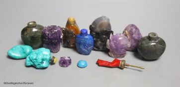 A collection of ten Chinese amethyst, lapis lazuli, turquoise and other hardstone snuff bottles