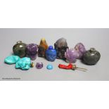 A collection of ten Chinese amethyst, lapis lazuli, turquoise and other hardstone snuff bottles