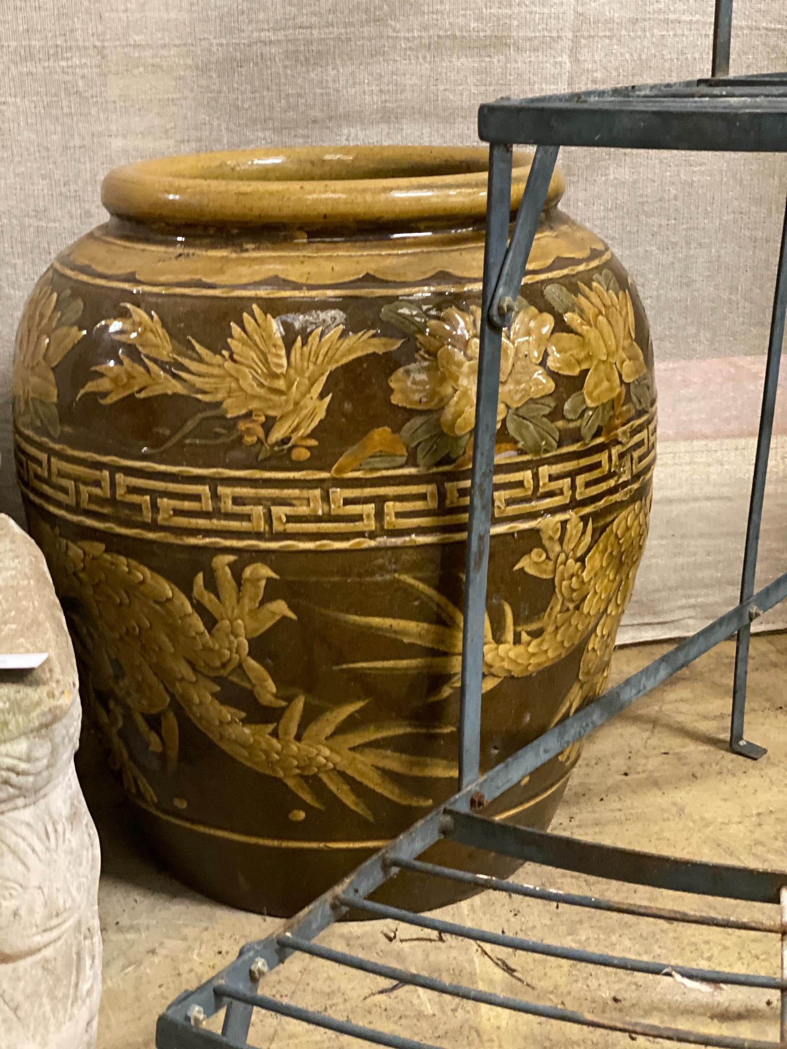 A wrought iron three tier plant stand, height 75cm and a tin glazed vase, - Image 2 of 2