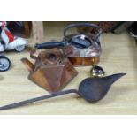 Two copper kettles, a beer slipper, iron ladle and a bull's eye lens