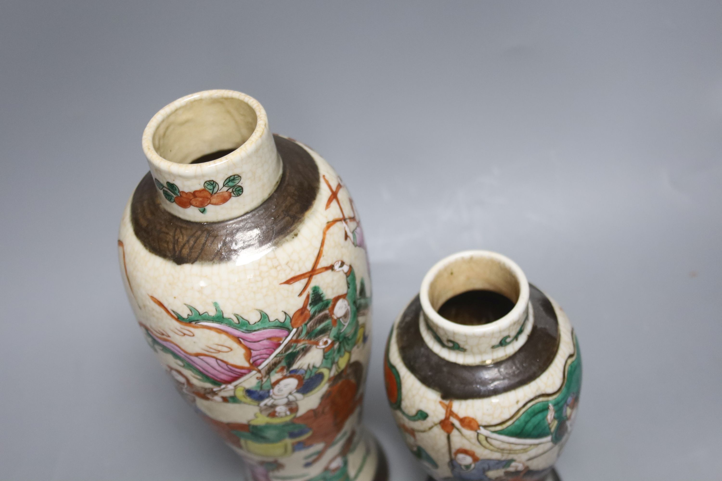 Three early 20th century Chinese crackle glaze vases, two with covers, tallest 33.5cm - Image 4 of 5