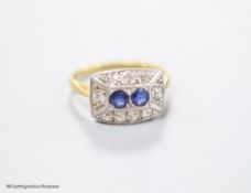 A 1930's/1940's 18ct & Pt, sapphire and diamond set shaped rectangular cluster ring, size M, gross