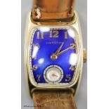 A gentleman's 1930's 14k gold filled Bulova manual wind wrist watch with blue enamel rectangular