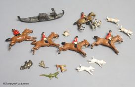 Four miniature cold-painted bronze animals, lizard, stag, frog and cat, a lead part hunting set, an