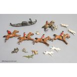 Four miniature cold-painted bronze animals, lizard, stag, frog and cat, a lead part hunting set, an