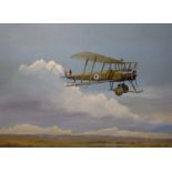 W.J. Gaskin, oil on board, WWI bi-plane in flight, signed, 36 x 44cm