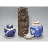Two early 20th century Chinese blue and white jars, an agate miniature teapot and an Indonesian