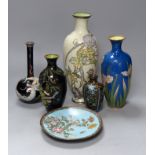 Five Japanese cloisonné vases and a dish, Meiji peiod, tallest 30cm