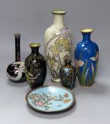 Five Japanese cloisonné vases and a dish, Meiji peiod, tallest 30cm