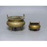 Two Chinese bronze tripod censers, Xuande marks, 19th/20th century, tallest overall 10cm