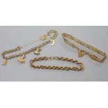Three assorted modern 9ct gold bracelets, including charm and ropetwist,gross weight 23.6 grams.