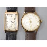 A gentleman's 1930's 9ct gold Rotary rectangular manual wind wrist watch (lacking winding crown) on