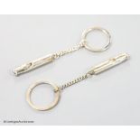 Two boxed modern silver Master of Craftmanship sterling 915 whistle key chains.