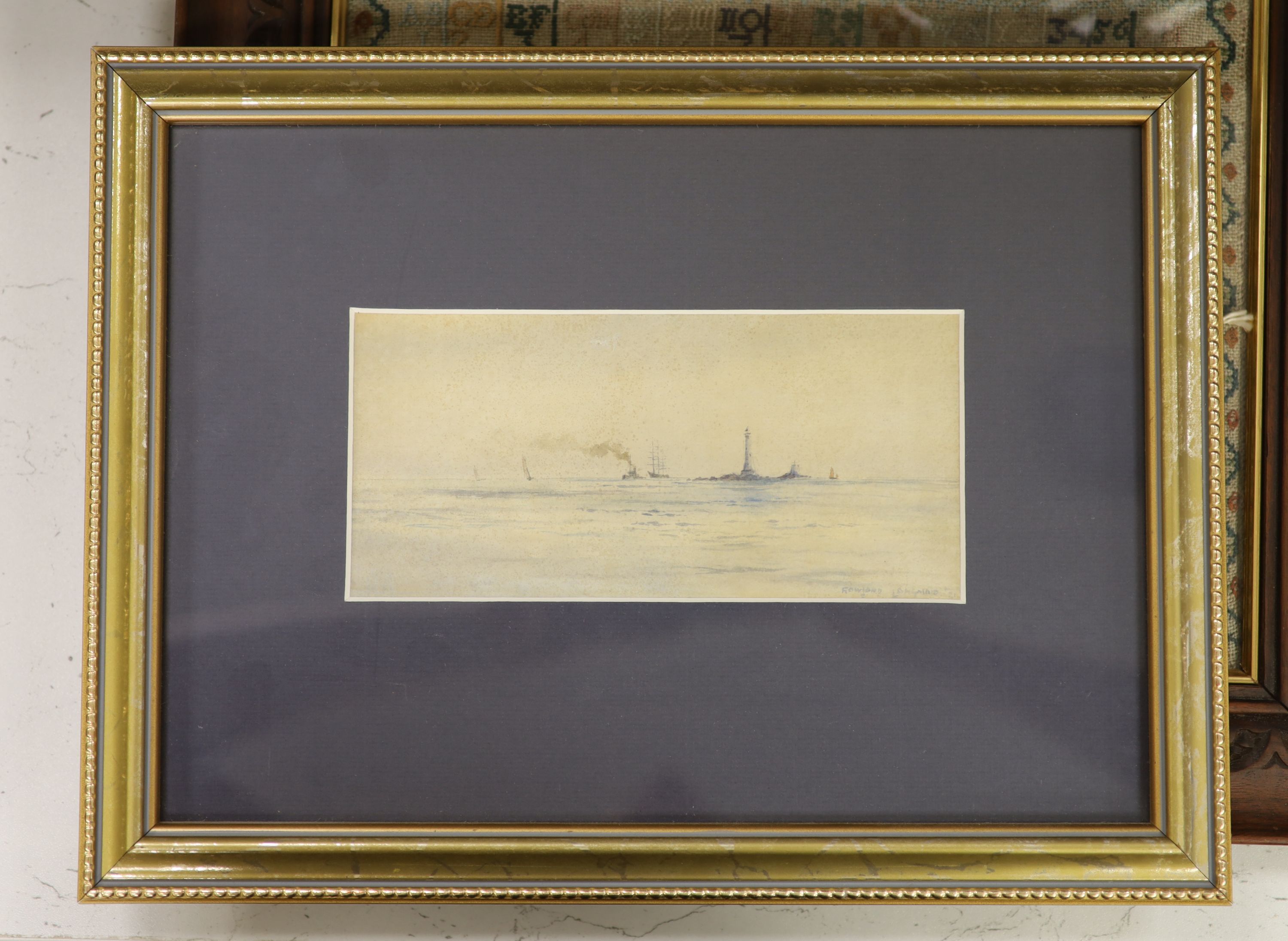 Rowland Langmaid (1897-1956), watercolour, Shipping passing a lighthouse, signed, 9 x 19cm - Image 2 of 2