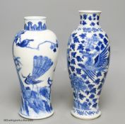 Two 19th century Chinese blue and white vases, decorated with phoenix, tallest 28cm (a.f)